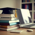 graduation-cap-stack-books-laptop-smartphone-desk-generative-ai-min