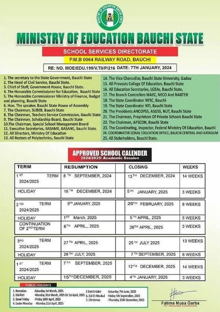 BAUCHI STATE APPROVED CALENDAR FOR 2024/2025 ACADEMIC SESSION
